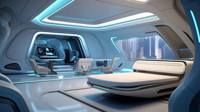 Corridor in futuristic scifi interior. living room futuristic interior space design. generative ai
