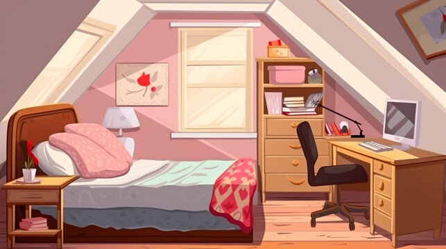 Attic girl bedroom interior with desk cartoon background. Teenage student room bed. generative ai