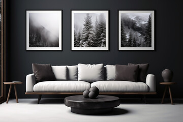 Sala de estar gris y blanca con sillon grande y blanco decorados con tres cuadros grandes en la pared y una mesa en el centro