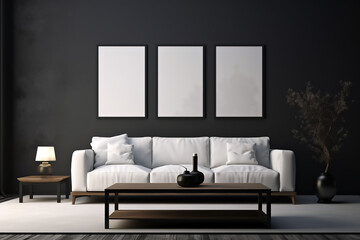 Sala de estar gris con sillón grande blanco decorado con tres cuadros blancos en la pared dos mesitas de madera y una planta. - obrazy, fototapety, plakaty