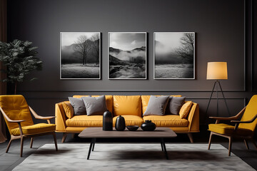 Mockup de sala de estar gris con sillón y butacas amarillas decorada con tres cuadros en la pared,...