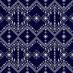 Geometric ethnic embroidery floral pattern with navy blue color, Blue and White Geometric Ornamental Pattern wallpaper, fabric