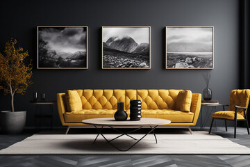Mockup de salon gris con un sillón amarillo y una butaca amarilla decorado con tres cuadros grandes en la pared, una planta a la izquierda del sofa y una mesita de madera en el centro