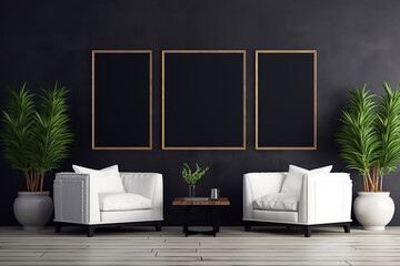 Mockup de sala de estar oscura con dos butacas blancas y una mesa pequeña decorado con tres cuadros negros en la pared, luz natural.