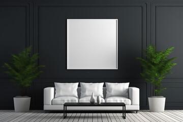 Mockup de Salon con luz natural y pared negra con sillón de tres plazas blanco y dos plantas a los lados con un cuadro grande blanco en el centro de la pared - obrazy, fototapety, plakaty