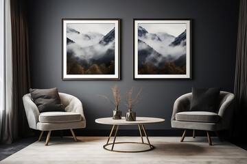 Mockup de sala de estar gris con dos butacas y una mesa baja decorado con dos cuadros cuadrados en la pared y alfombra. - obrazy, fototapety, plakaty
