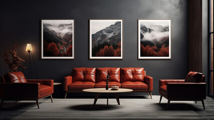Sala de estar interior de color gris con luz natural con sillones y butacas de color rojo y tres cuadros en la pared de fondo, decorada con lampara y un mesa en el centro.