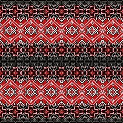 ethnic Pixel embroidery seamless pattern white and black line on red and black background.