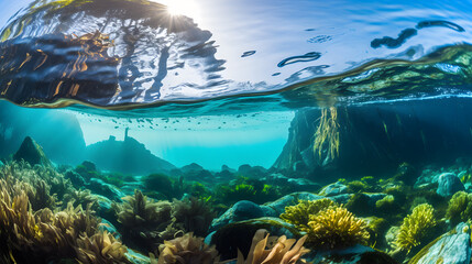 underwater scene with sun rays, underwater scene with reef and fishes, Tranquil underwater scene with copy space,Nature habitat underwater