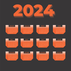 Monthly Editable calendar template 2024.  Wall calendar design. Week Starts on Sunday. Calendar  Planner for 2024 year. 