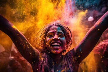 young woman face closeup at holi festival in India covered with colorful paint powder - obrazy, fototapety, plakaty
