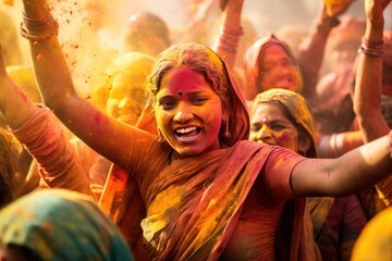 vibrant portrait of young woman face closeup at holi festival in India covered with colorful paint powder - obrazy, fototapety, plakaty