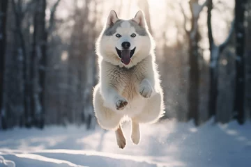 Deurstickers husky dog running in winter forest on snow © Dina