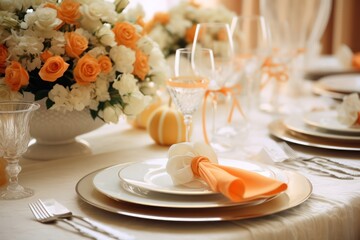 table setting at wedding reception with orange peach color flowers and details decoration