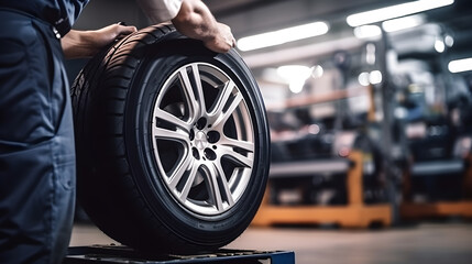 Mechanic repairing tire: Vulcanization, Tire Sales Worker Finishing Change of Car Wheels. - obrazy, fototapety, plakaty