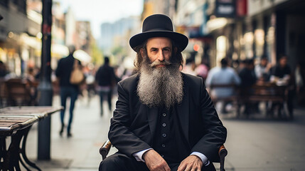 Naklejka premium Photo of a Jewish man, a rabbi, on the street.
