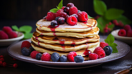 pancakes with raspberries and blueberries on a black plate