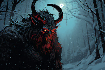 devil or Krampus in the winter forest