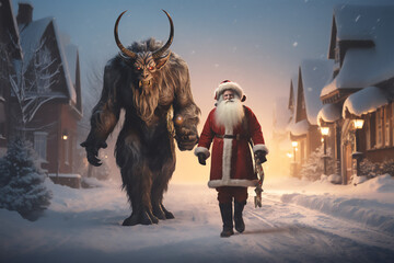 Santa and Krampus walking down the street - obrazy, fototapety, plakaty