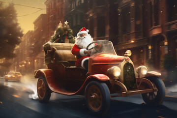 santa claus riding a vintage car