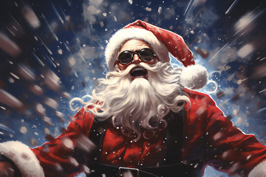 cheerful santa claus in the night with sun glasses