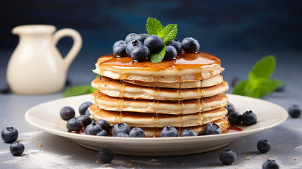 simple food platting with plate of delicious pancakes with fresh blueberries and blurred background