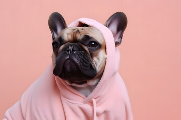 Glamorous fashionable dog in a pink robe. Neural network AI generated art - obrazy, fototapety, plakaty