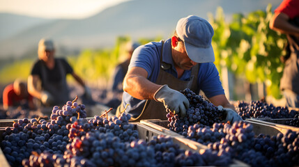 male farm worker picks bunches grape from vine carefully attentively stack in a box. Winemaker smiles contentedly, the harvest has grown well. Background rows of vineyard.