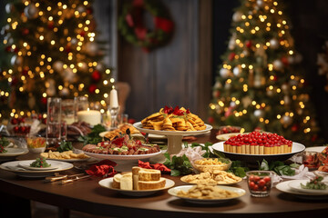 Christmas or New Year Dinner table full of dishes with food and snacks created by generative AI