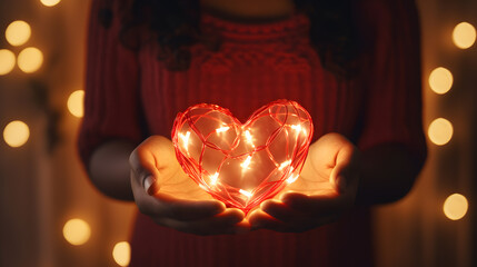 Female hands holding heart shaped glowing christmas lights - obrazy, fototapety, plakaty