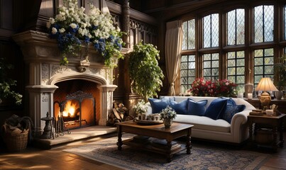 Cozy living room with fireplace, furniture, and plants near window. - obrazy, fototapety, plakaty