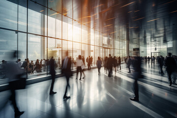 Long exposure shot of crowd of business people walking in an modern office building created by...
