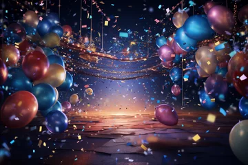Gardinen Party Background with lights confetti balloons and serpetins created by generative AI © Nils W.
