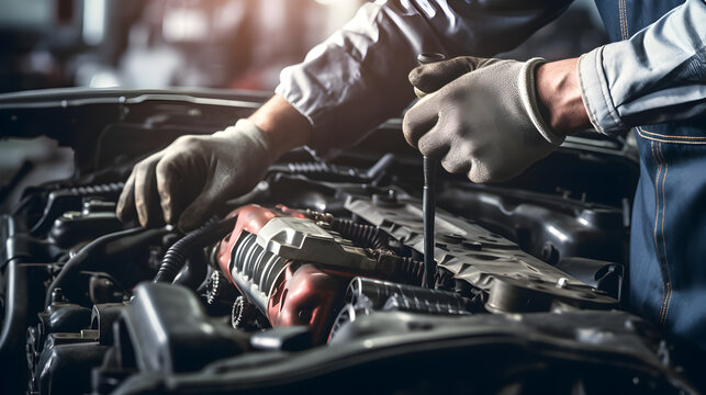 Auto mechanic repairing car,  Mechanic Working on a Vehicle in a Car Service. Professional Repairman is Wearing Gloves and Using a Ratchet Underneath the Car. Modern Clean Workshop.