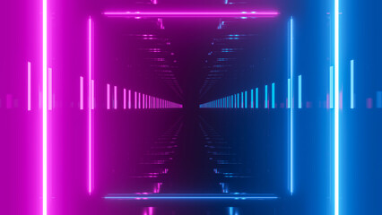 Tunnel With Blue And Purple Neon Lines 3D Illustration - 672717117