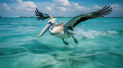 Fototapeta na wymiar a pelican is making a takeoff run from the turquoise surface of the Carribean Sea with powerful strokes of its wings. 