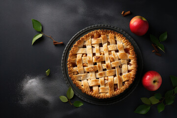 a apple pie imagery in a minimalist photographic approach, top view, with brown background, modern food photography, with empty copy space - obrazy, fototapety, plakaty