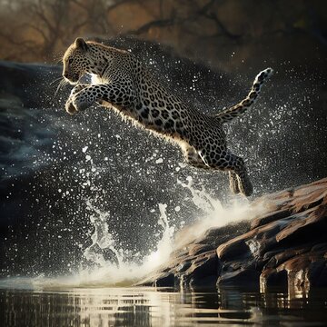 A leopard is running through water, Stunning leopard in motion going through water over the rock 