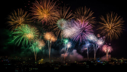Fototapeta premium Fourth of July celebration ignites vibrant firework display at dusk generated by AI