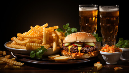 Freshness on plate grilled beef, gourmet cheeseburger, prepared potato, refreshing drink generated by AI