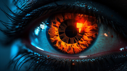 Close-up of an eye with a colored neon pupil.