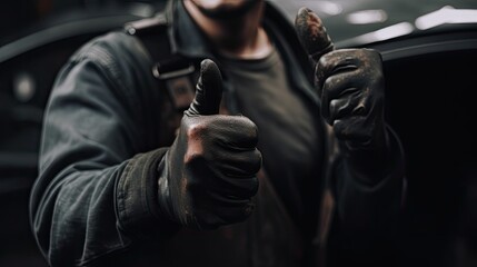 Close-up Thumb Up and Mechanics Hand with Tool. Automobile Master Wearing Gloves Showing Positive Gesture after Finishing Work. Technic occupation. Automobile Repair Service Concept.
