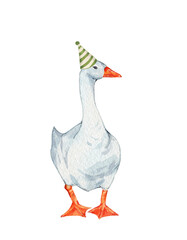Watercolor white goose in party green cone. Cute farm bird. Hand drawn illustration on transparent.
