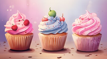 4 picture cup cake watercolor simple hand painted.Generative AI