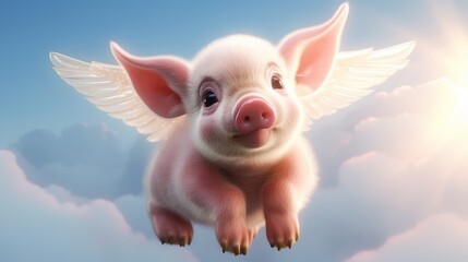 A cute little pig with wings flying in the sky.Generative AI