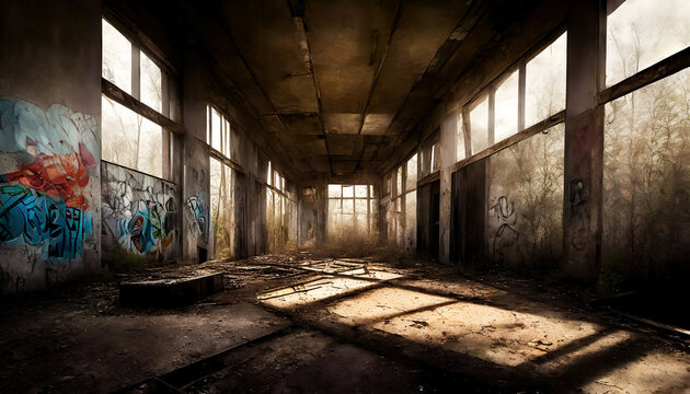 Urban Decay. An abandoned building with graffiti and decay.