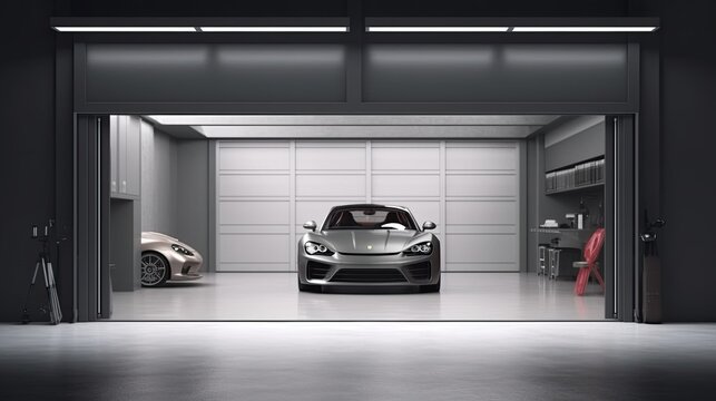Garage concept. Garage doors are opened, and behind them is a car. 3d illustration.
