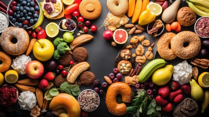 Fototapeta na wymiar Healthy and unhealthy food background from fruits and vegetables vs fast food, sweets and pastry top view. Diet and detox against calorie and overweight lifestyle concept. 