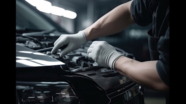Hand of mechanic holding car service and checking, Customer service guarantee concept.
