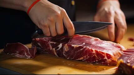 Male hand cutting Iberian ham slice with a knife at the butcher shop.
